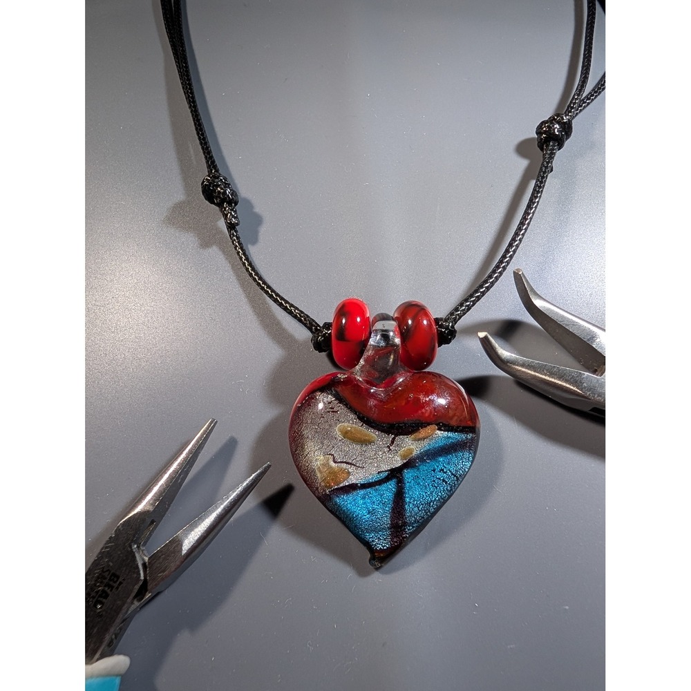 Artisan Dichroic Glass Heart Pendant Necklace Adjustable Black Cord Red Blue
